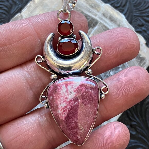 Thulite Rosaline and Garnet Witchy Mustic Lunar Crystal Stone Jewelry Pendant - Picture 1 of 7